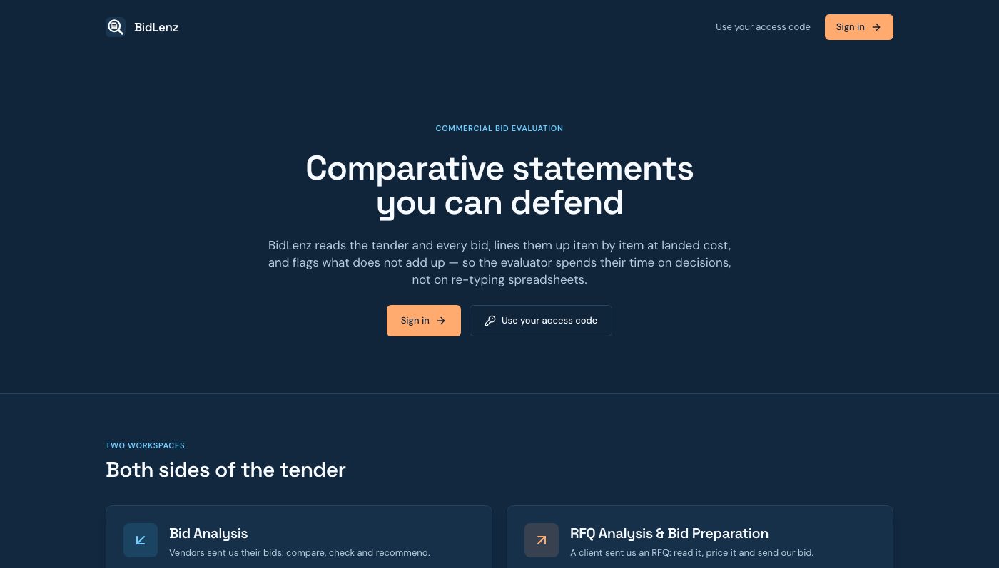 BidLenz home page: comparative statements you can defend