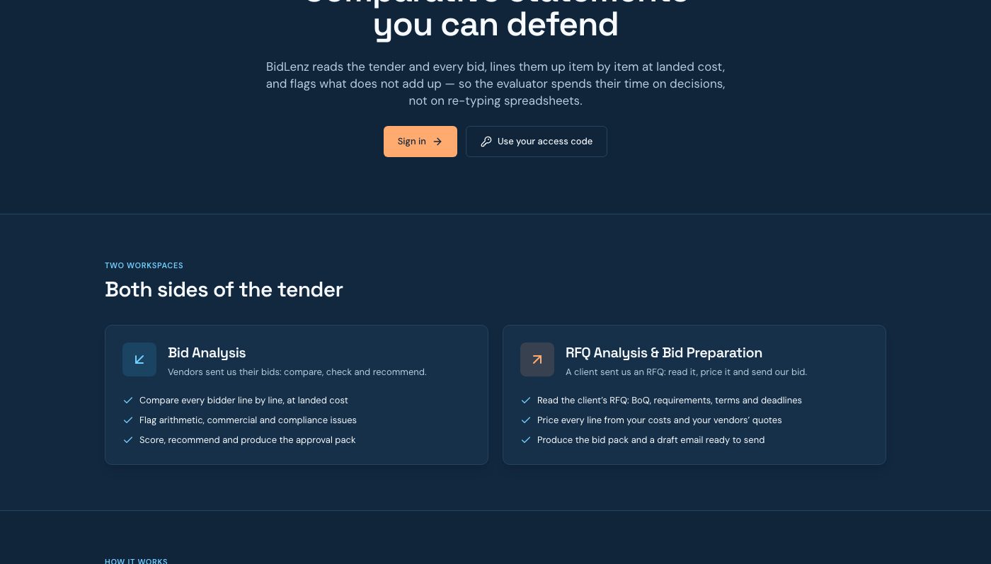 BidLenz workspaces: Bid Analysis, and RFQ Analysis and Bid Preparation