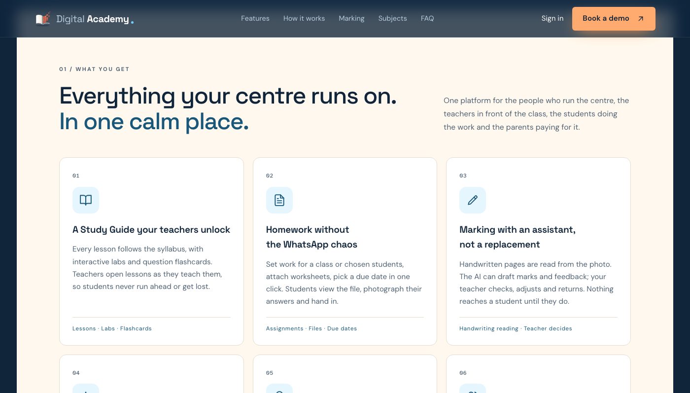 Digital Academy features: study guide, homework and assisted marking