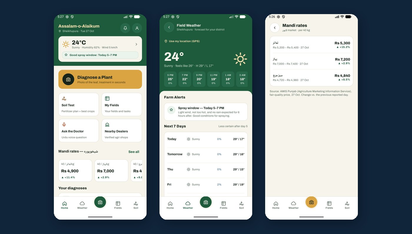 Three app screens: the farmer home with a spray window, the field weather forecast and mandi rates per 40 kg