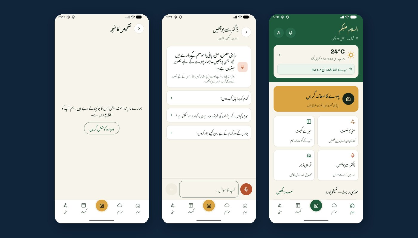 Three Urdu screens: a diagnosis waiting for expert review, Ask the Doctor with voice input, and the Urdu home screen