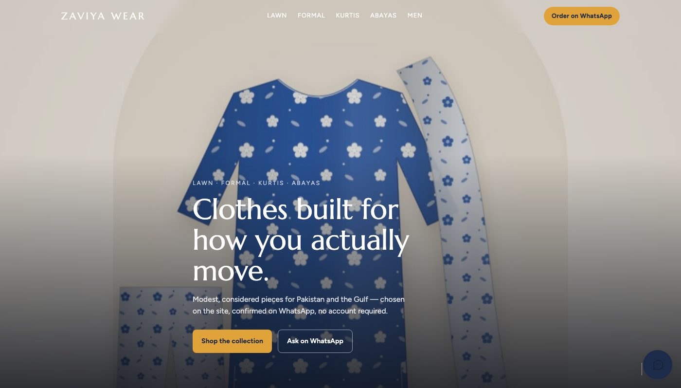 Zaviya Wear demo shop home page with Order on WhatsApp and Ask on WhatsApp buttons
