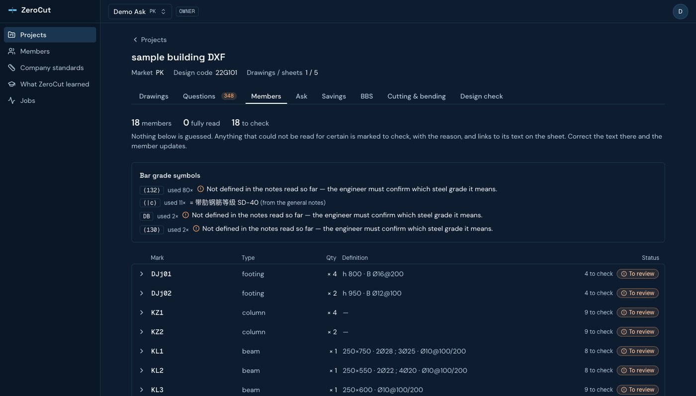 ZeroCut members list: footings, columns and beams with their bar definitions and review status