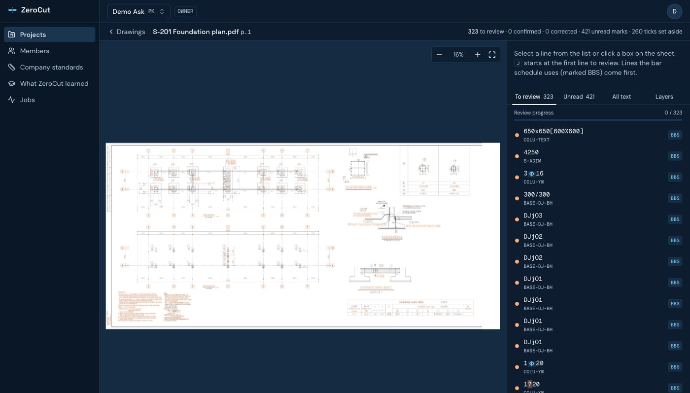 ZeroCut sheet review: a structural drawing beside the list of lines read from it, marked for review